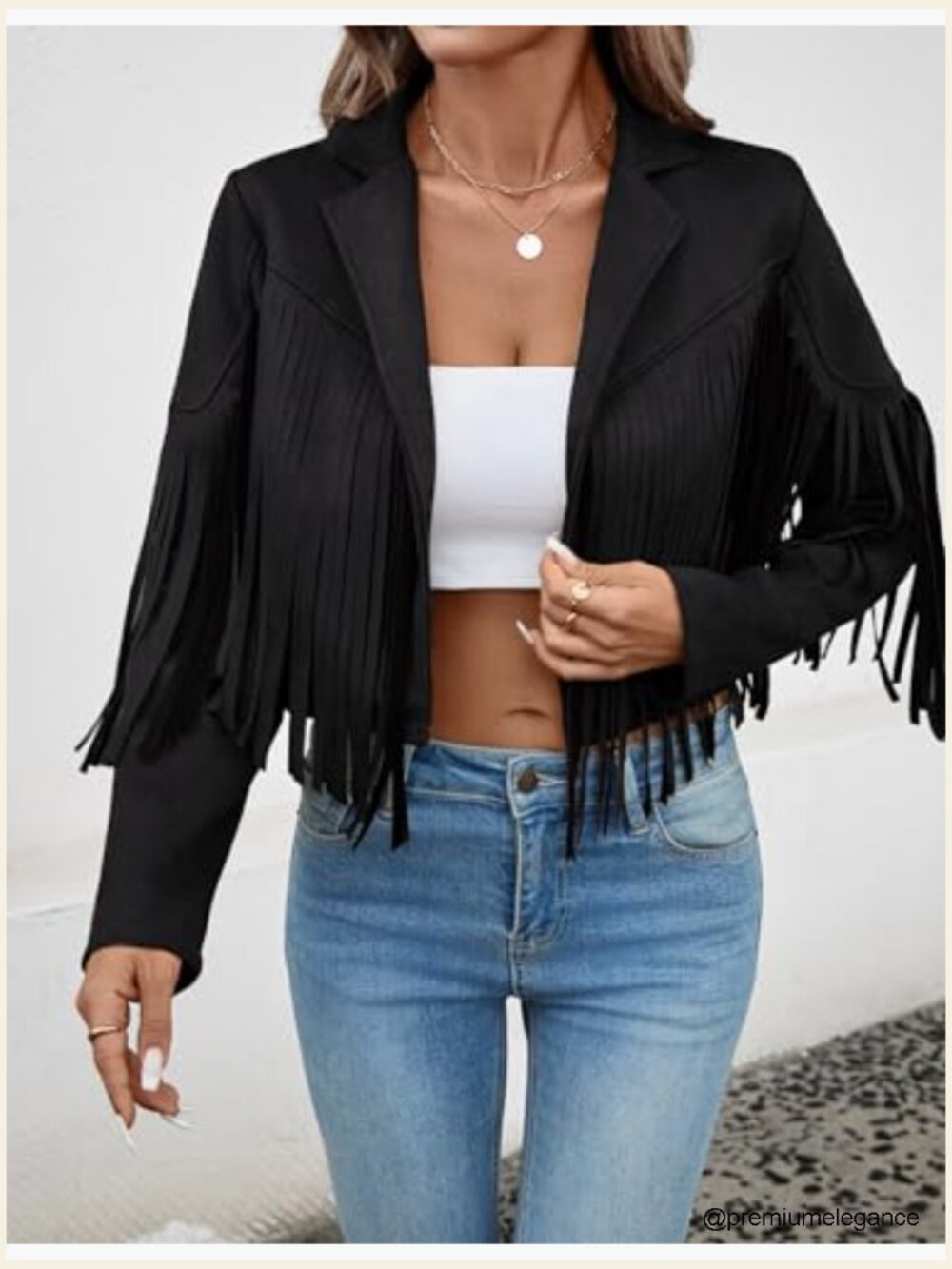 Faux Suede Leather Cropped Jacket with Fringe Tassel Sleeves Lined - Picture 3 of 7